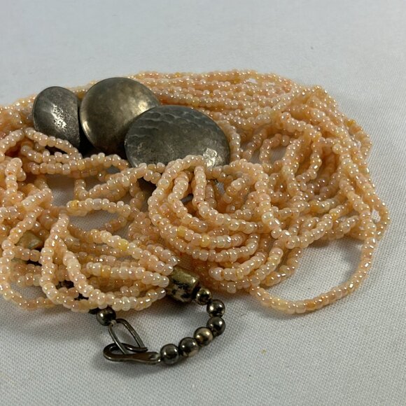 Pale Pink Seed Bead Necklace Multi Strand Silver Tone Beads Iridescent 20" Long - Picture 7 of 10